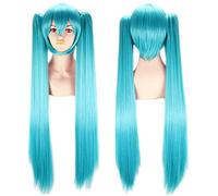 Perruque longue droite bleue avec 2 queues de cheval Anime Party Vocaloid Hatsune Miku Cosplay Wig Clip sur 100cm/39in Fibres synthétiques