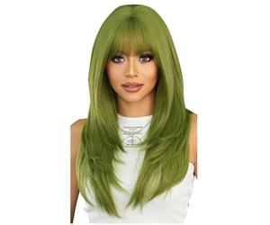 Perruque Longue Droite Synthétique Verte avec Frange, Coupe Droite Superposée, Longueur Moyenne, Anti-Cœur pour Femme, Perruque de Fête et Cosplay, (24 Pouces)