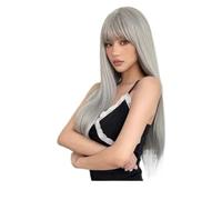 Perruque longue et lisse avec frange, perruques synthétiques superposées de 26 pouces d'aspect naturel Effet naturel et Volumineux(Grey)