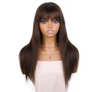 Perruque longue marron avec frange for femme, raie libre, cheveux Remy d'aspect naturel for un usage quotidien et de fête(20inch)