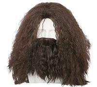 Perruque longue marron bouclée avec barbe ondulée pour cosplay, costume d'Halloween pour homme