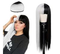 Perruque Longue Noir et Blanc - Pour Vos Déguisements de Cruella d'Enfer 70 cm Parfaite pour Halloween et Cosplay Casquettes de Perruque à dôme en Filet Extensible pour Quotidienne