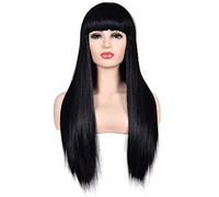 Perruque longue noire avec frange pour femme - 66 cm - Cheveux synthétiques raides avec frange - Aspect naturel - Pour Halloween, cosplay, costume (noir)