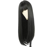Perruque longue noire de 26 pouces avec frange for femmes, style superposé droit, cheveux synthétiques d'apparence naturelle for un usage quotidien Effet naturel et Volumineux