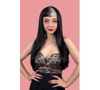 Perruque longue, noire et lisse avec une mèche platine et une frange droite rétro : Imogen black #1b