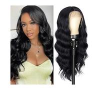 Perruque Longue Noire Pour Femmes, Perruque Naturelle Ondulée En Dentelle, Ligne De Cheveux Pré-Épilée, Partie Centrale Bouclée, Perruques Synthétiques Résistantes À La Chaleur Pour Une Utilisation Q