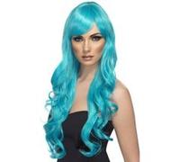 Smiffys Perruque désir, turquoise, cheveux longs, bouclés avec frange Halloween