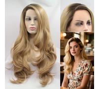 Perruque longue ondulée blonde ombrée, 13 × 3, pré pincée, délié naturel brun blond ombré, perruques avant en dentelle synthétique pour femmes Cosplay fête quotidienne 24 pouces perruques blondes avec