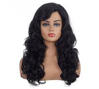 Perruque longue ondulée bouclée en fibre synthétique noire glamour Perruque complète de fête for femme (57 cm / 22,5 pouces)