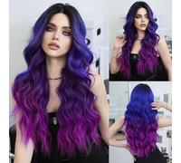 Perruque Longue OnduléE De 26 Pouces,MèChes OmbréEs Bleues Et Violettes,Cheveux BoucléS Haute Densité En Fibre SynthéTique Pour Une Utilisation Quotidienne,FêTe,Cosplay(Purple,67cm)