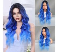 Perruque Longue OnduléE De 26 Pouces,MèChes OmbréEs Bleues Et Violettes,Cheveux BoucléS Haute Densité En Fibre SynthéTique Pour Une Utilisation Quotidienne,FêTe,Cosplay(Blue,67cm)