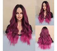 Perruque Longue OnduléE De 26 Pouces,MèChes OmbréEs Bleues Et Violettes,Cheveux BoucléS Haute Densité En Fibre SynthéTique Pour Une Utilisation Quotidienne,FêTe,Cosplay(Rose pink,67cm)