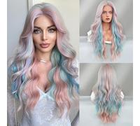 Perruque Longue OnduléE De 26 Pouces,MèChes OmbréEs Bleues Et Violettes,Cheveux BoucléS Haute Densité En Fibre SynthéTique Pour Une Utilisation Quotidienne,FêTe,Cosplay(Colourful,75cm)