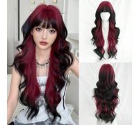 Perruque longue ondulée noire et rouge de 30 pouces, perruque ondulée longue et volumineuse pour femmes, avec frange. Apparence naturelle, très douce, fibre synthétique résistante à la chaleur. Perruq
