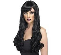 Smiffys Perruque désir noire, cheveux longs, bouclés avec frange Halloween
