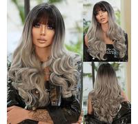 Perruque Longue OnduléE,Perruque Longue BoucléE Gris Argenté DéGradé De 26 Pouces,Perruque SynthéTique RéSistante à La Chaleur Pour Une Utilisation Quotidienne En SoiréE