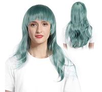 Perruque Longue Ondulée, Perruques de Cheveux Humains Perruque de Cheveux Longs Bouclés Perruque Synthétique Résistante à la Chaleur avec Frange à la Mode pour les Jeux de Rôle,