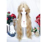 Perruque Longue Ondulée Pour Femme Coiffure De Personnage De Peinture À L'huile Bandeau Complet Perruques Jk Lolita Cheveux Synthétiques Résistants À La Chaleur Avec Frange (Or)