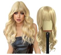 Perruque longue ondulée synthétique avec frange | Un look glamour et naturel pour le cosplay, les fêtes et le quotidien