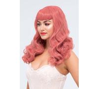Perruque longue rose pastel style pin-up avec de douces ondulations et une courte frange : Candy dusty dark pink #T1630