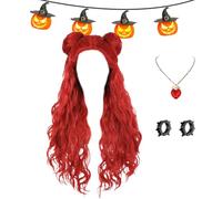 Perruque Longue Rouge Halloween - Perruque Longue Rouge Bou pour avec Boucles d'Oreilles | Accessoire Polyvalent Déguisement Fête École Spectacle Scène