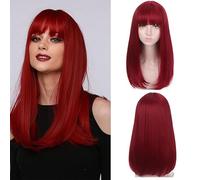 Perruque longue rouge pour femme raide résistante aux cheveux avec frange ombré foncé sans colle pour fête quotidienne cosplay