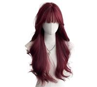 Perruque longue rouge vin avec frange for femme, cheveux synthétiques superposés for usage quotidien et fête Effet naturel et Volumineux