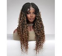 Perruque longue tressée en fibre japonaise de 66 cm avec dentelle frontale en dentelle synthétique noire et dorée de haute densité