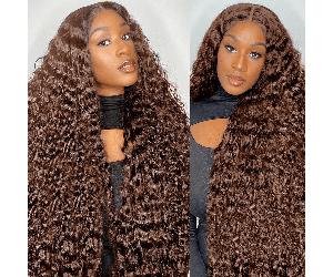 Perruque marron chocolat 13x6, ondulée et avec frange, en cheveux humains brésiliens bouclés. Mèches pré-décolorées. Sans colle. Ligne frontale naturelle. Perruque haute densité 180 % avec longues bou