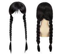 Perruque Mercredi avec Frange, Longue Perruque Noire Tressée, Une Frange Longue Tresses Perruque pour enfants et filles, Perruque de cosplay noire, pour Halloween Carnaval Cosplay Fête