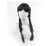 Perruque Mercredi Perruque Perruque Femme Halloween Carnaval Noir, Noir Perruque Femme avec Filet à Cheveux, Tresses Longues Raie Moyenne écolière