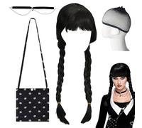 Perruque Mercredi pour Enfant, Perruque Tresse Noire, Perruque Longues Tressée Noire pour fille, Perruque Noire Doubles tressées, Perruque Tressée pour Cosplay, pour Les Décorations de Fête Cosplay