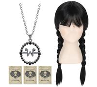 Perruque Mercredi Tresse Noire Longue avec Mercredi W-Collier et 3 Autocollants de Crâne,Perruque Mercredi pour Fille Adulte Carnaval Halloween Cosplay
