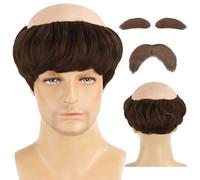 Perruque Moine Médiéval Marron avec Sourcils et Barbe, Bonnet Chauve avec Frange, Accessoire de Déguisement