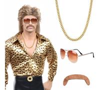Perruque Mulet Homme, 4 Pièces Annee 80 Perruque, Coupe Mulet Homme Perruque, Lunettes de Soleil, Collier, Barbe, Annee 70s 80s Perruque Homme Mulet pour Carnaval Cosplay Costume Party