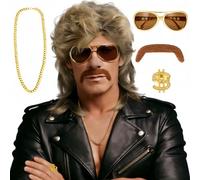 Perruque Mulet Homme Blonde Annee 80 - Perruque Synthétique de Haute Qualité Naturelle Disco Hippie pour Costume Déguisement Carnaval Homme Femme Adulte Halloween Cosplay, Ensemble de Cinq Pièces