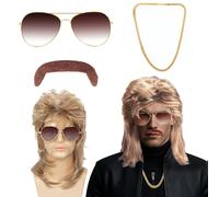 Perruque Mulet Homme des Années 80, Perruque Rock Cheveux Longue Perruque Brun, Punk en métal à Bascule Disco,70's Déguisement Homme Perruque pour Carnaval Halloween Thème Cosplay Accessoire