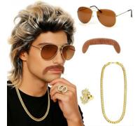 Perruque Mulet Perruque Hommes Marron, Perruque Annee 80 Homme Miroir Lunettes De Pilote Chaîne Fête De Mauvais Goût Accessoire Soirée à Thème Carnaval