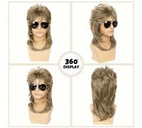 Perruque Mullet des années 80 pour hommes - Fibre synthétique résistante à la chaleur, texture bouclée, casquette à réseau fermé, perruque de costume de punks rocker disco pour les fêtes à thème et Ha