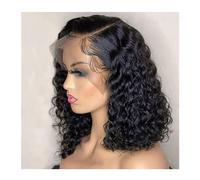 Perruque Naturel 13 * 4 dentelle frontale brésilienne vierge vague profonde cheveux humains 180% densité pré-plumé partie latérale courte Bob perruques for femme noire Perruque Coupe(4 * 4,14 inches)