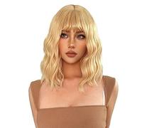 Perruque Naturel 14 pouces Court Blond Doré Lolita Cosplay Perruques Synthétiques Avec Bang for les Femmes Quotidien Naturel Ondulés Faux Cheveux Fibre Résistant À La Chaleur Perruque Coupe