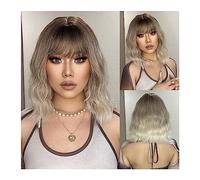 Perruque Naturel 14 pouces Court Ondulé Gris Blonde Ombre Perruques Synthétiques avec Frange Cosplay Ash Brown Bob Perruque for Femmes Quotidien Cheveux Naturels Résistant À La Chaleur Perruque Coupe