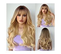 Perruque Naturel Bonne qualité perruques synthétiques brun blond perruque avec frange longue vague femme perruques Halloween cheveux naturels résistants à la chaleur Perruque Coupe
