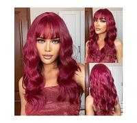 Perruque Naturel Bourgogne Vin Rouge Long Bouclés Perruques Synthétiques avec Frange Mi-Longueur Cosplay Vague Perruque for Femmes Afro Naturel Résistant À La Chaleur Cheveux Perruque Coupe