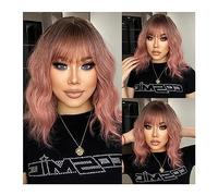 Perruque Naturel Court Ombre Rose Bob Perruque avec Frange Synthétique Bouclés Racines Sombres Perruques for Femmes Épaule Longue Cosplay Quotidien Cheveux Résistant À La Chaleur Perruque Coupe