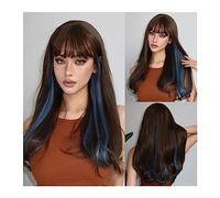 Perruque Naturel Longue Ondulée Cosplay Highlight Perruques Synthétiques Avec Une Frange Brun Mixte Bleu Naturel Vague Perruque De Cheveux for Les Femmes Afro Party Résistant À La Chaleur Perruque Cou