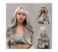 Perruque Naturel Longue perruque naturelle ondulée gris argent femme frange synthétique Cosplay fête usage quotidien résistant à la chaleur Perruque Coupe