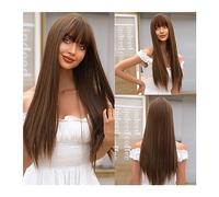 Perruque Naturel Longues perruques synthétiques brun froid avec frange café clair faux cheveux raides perruque naturelle quotidienne Cosplay fête fibre résistante à la chaleur Perruque Coupe