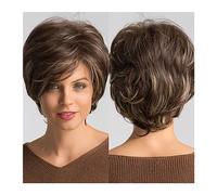 Perruque Naturel Mixte Brun Blonde Highlight Perruque Synthétique Court Pixie Cut Ondulés Bob Perruques avec Une Frange for les Femmes Naturel Résistant À La Chaleur Cheveux Perruque Coupe