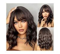 Perruque Naturel Perruque Bob ondulée avec frange for femme, perruque de vague naturelle brun foncé moyen avec perruques synthétiques longueur épaule Bang for femmes filles Perruque Coupe